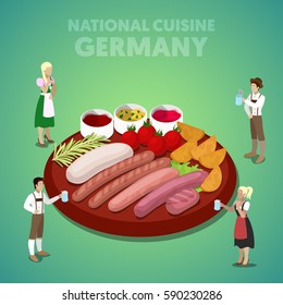 Isometric Germany National Cuisine with Sausage Plate and German People in Traditional Clothes. Vector 3d flat illustration