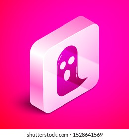 Isometric Ghost icon isolated on pink background. Happy Halloween party. Silver square button. Vector Illustration
