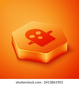 Isometric Ghost icon isolated on orange background. Happy Halloween party. Orange hexagon button. Vector