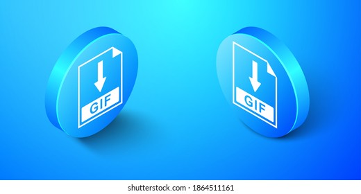Isometric archivo file document icon. Descargar icono del botón GIF aislado en fondo azul. Botón de círculo azul. Vector.