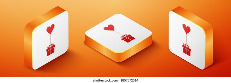 Isometric Gift with balloon in shape of heart icon isolated on orange background. Valentine's day, wedding, birthday card. Orange square button. Vector.