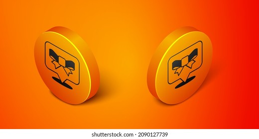 Isometric Gift bow icon isolated on orange background. Orange circle button. Vector