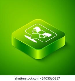 Isometric Gift bow icon isolated on green background. Green square button. Vector