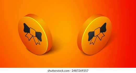 Isometric Gift bow icon isolated on orange background. Orange circle button. Vector