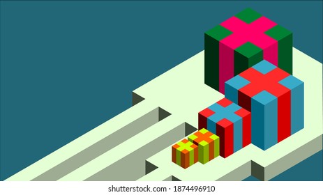 isometric gift box background vector with ribbons, suitable for design elements themed on parties, celebrations, holidays, affection, love and happiness