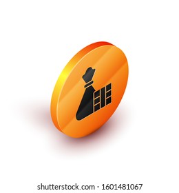 Isometric Gift box and bag icon isolated on white background. Merry Christmas and Happy New Year. Orange circle button. Vector Illustration