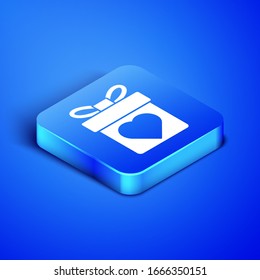 Isometric Gift box with heart icon isolated on blue background. Valentines day. Blue square button. Vector Illustration