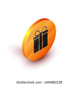 Isometric Gift box icon isolated on white background. Orange circle button. Vector Illustration