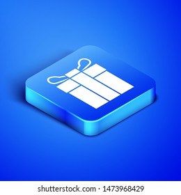 Isometric Gift box icon isolated on blue background. Blue square button. Vector Illustration