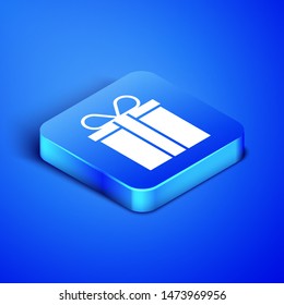 Isometric Gift box icon isolated on blue background. Blue square button. Vector Illustration