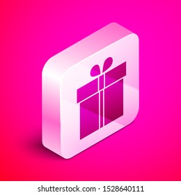 Isometric Gift box icon isolated on pink background. Silver square button. Vector Illustration