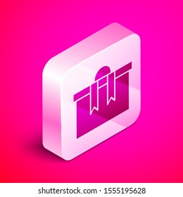 Isometric Gift box icon isolated on pink background. Merry Christmas and Happy New Year. Silver square button. Vector Illustration