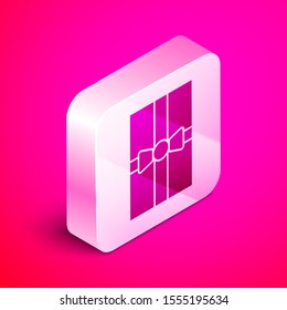 Isometric Gift box icon isolated on pink background. Merry Christmas and Happy New Year. Silver square button. Vector Illustration