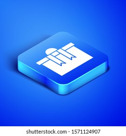 Isometric Gift box icon isolated on blue background. Merry Christmas and Happy New Year. Blue square button. Vector Illustration
