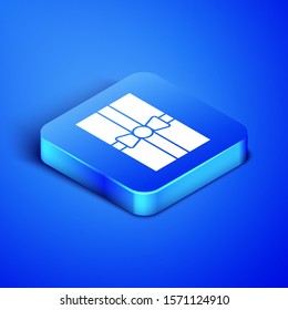 Isometric Gift box icon isolated on blue background. Merry Christmas and Happy New Year. Blue square button. Vector Illustration