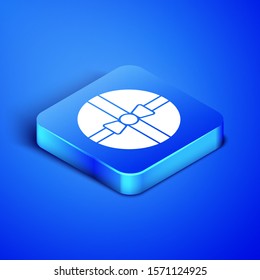 Isometric Gift box icon isolated on blue background. Merry Christmas and Happy New Year. Blue square button. Vector Illustration