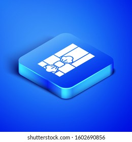 Isometric Gift box icon isolated on blue background. Blue square button. Vector Illustration