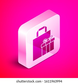 Isometric Gift box icon isolated on pink background. Silver square button. Vector Illustration