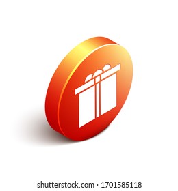 Isometric Gift box icon isolated on white background. Happy Birthday. Orange circle button. Vector Illustration