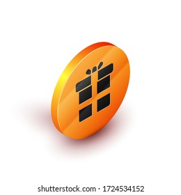 Isometric Gift box icon isolated on white background. Orange circle button. Vector Illustration