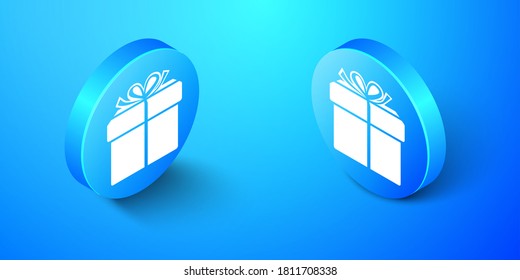 Isometric Gift box icon isolated on blue background. Blue circle button. Vector.