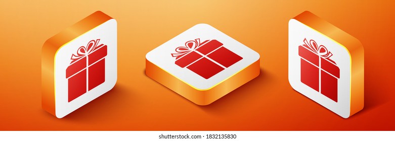 Isometric Gift box icon isolated on orange background. Orange square button. Vector.