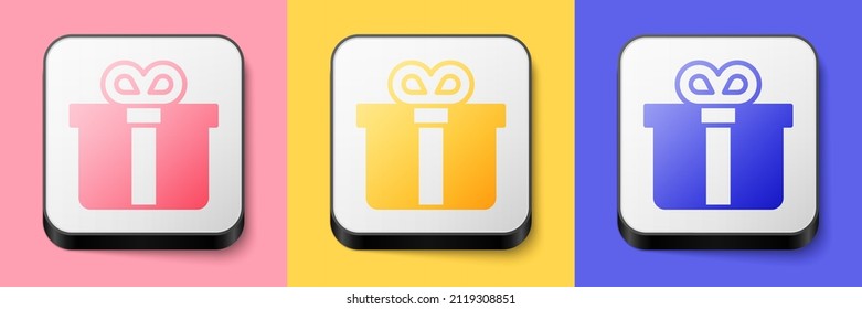 Isometric Gift box icon isolated on pink, yellow and blue background. Square button. Vector