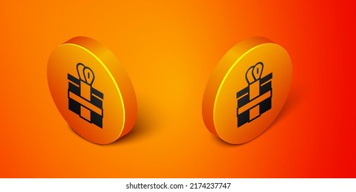 Isometric Gift box icon isolated on orange background. Orange circle button. Vector