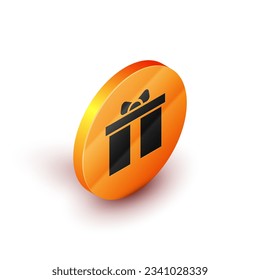 Isometric Gift box icono aislado en fondo blanco. Feliz cumpleaños. Botón de círculo naranja. Vector
