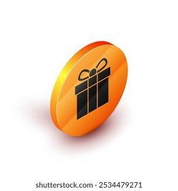 Icono isométrico de la caja de regalo aislado en el fondo blanco. Botón de círculo anaranjado. Vector