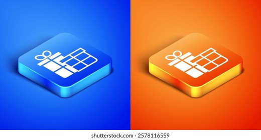 Isometric Gift box icon isolated on blue and orange background. Merry Christmas and Happy New Year. Square button. Vector