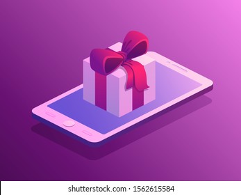 Isometric gift box with red bow on the phone. Vector illustration