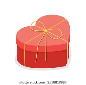 Caja de regalo isométrica. Caja de regalo en forma de corazón cerrado rojo con lazo amarillo. Festiva y festival. Paquete para regalo o sorpresa. Cartel o Anuncio. Ilustración vectorial 3D aislada sobre fondo blanco