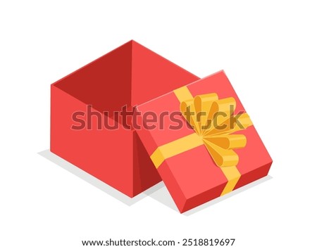 Isometric gift box. Red open giftbox with yellow bow. Holiday and festival. Package for present or surprise. Poster or banner. 3D vector illustration isolated on white background