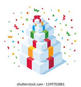 Isometric gift box. Stack of gift boxes with confetti vector isometric illustration