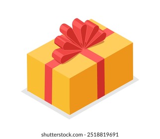 Isometric gift box. Yellow closed giftbox with red bow. Holiday and festival. Package for present or surprise. Social media sticker. 3D vector illustration isolated on white background