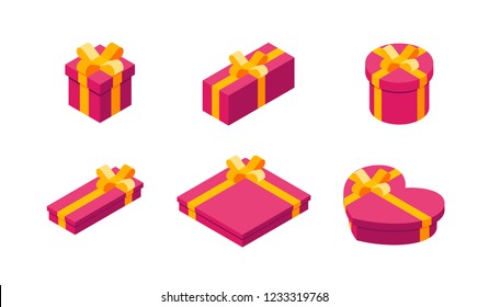 Isometric gift boxes on white background, vector illustration. Bright, pink present and gift boxes with yellow ribbon bows.