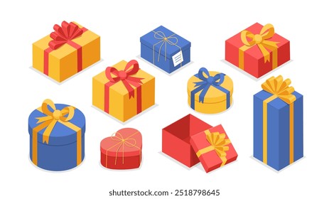 Conjunto de cajas de regalo isométricas. Regalos y sorpresas. Paquetes abiertos y cerrados. Navidades y Navidad, Año Nuevo y Noel Eve. Cumpleaños y San Valentín. colección de Vector 3D aislada sobre fondo blanco