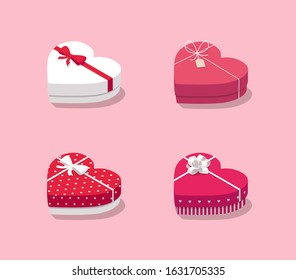 Isometric gift boxes set for Valentine's Day banner or greeting card. Heart shaped presents collection on pink background. - Vector illustration