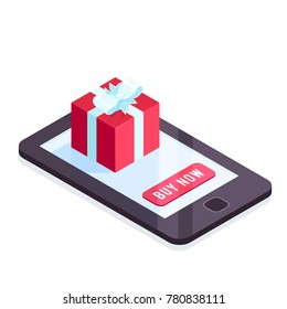 Isometric gift on the smartphone screen. 3d present with bow isolated on white background. Vector illustration.