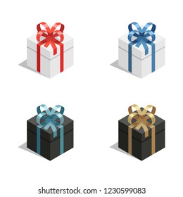 Isometric gift or present vector set with white and black colored boxes and colorful ribbons. 3d style gift box set isolated on white.