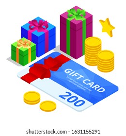 Isometric Gift voucher and Online shopping app, Shopping online. Holiday celebration concept.