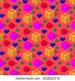 Isometric giftbox seamless pattern vector on pink background