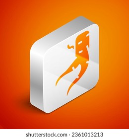 Isometric Ginger root icon isolated on orange background. Silver square button. Vector