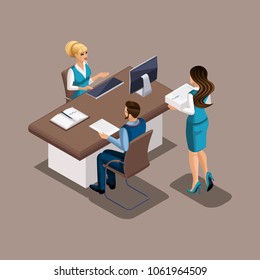 Isometric girl in the bank is negotiating to provide a bank loan to a tailor to open their own workshop, opening their own business. The entrepreneur