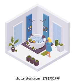 Isometric girl in a bathrobe going in spa or hot tub at home or hotel design example. Collection with water and bathroom accessories