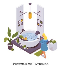 Isometric girl in a bathrobe is taking spa or hot tub at home, hotel, villa. Collection with water and bathroom accessories