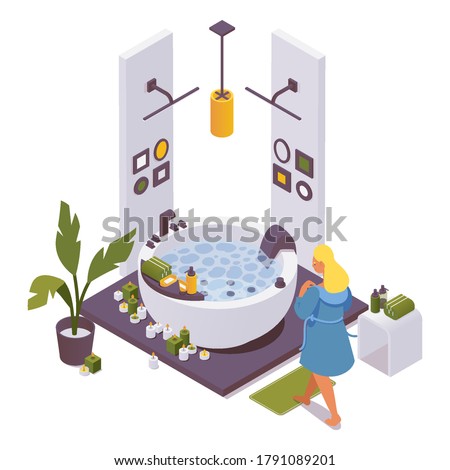 Isometric girl in a bathrobe is taking spa or hot tub at home, hotel, villa. Collection with water and bathroom accessories