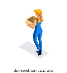 Isometric girl carries a cardboard box for the goods in the warehouse. Delivery Concept. Fast delivery van. Delivery man