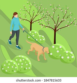 Isometric girl in casual clothes walking in park with golden retriever. Season winter, spring, summer, autumn. Pet care concept. Front view